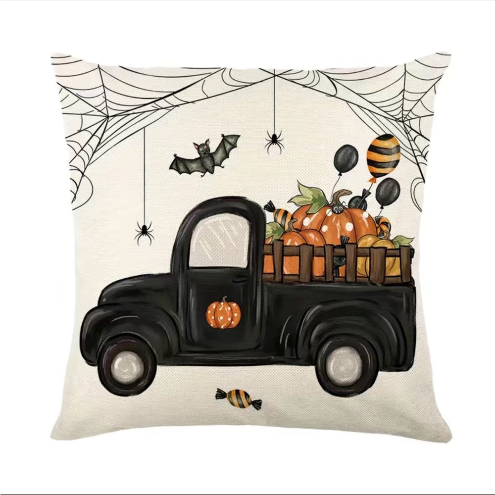 1pc Pumpkins Truck Print Throw Pillow Case, Cushion Cover For Sofa, 100% Polyest